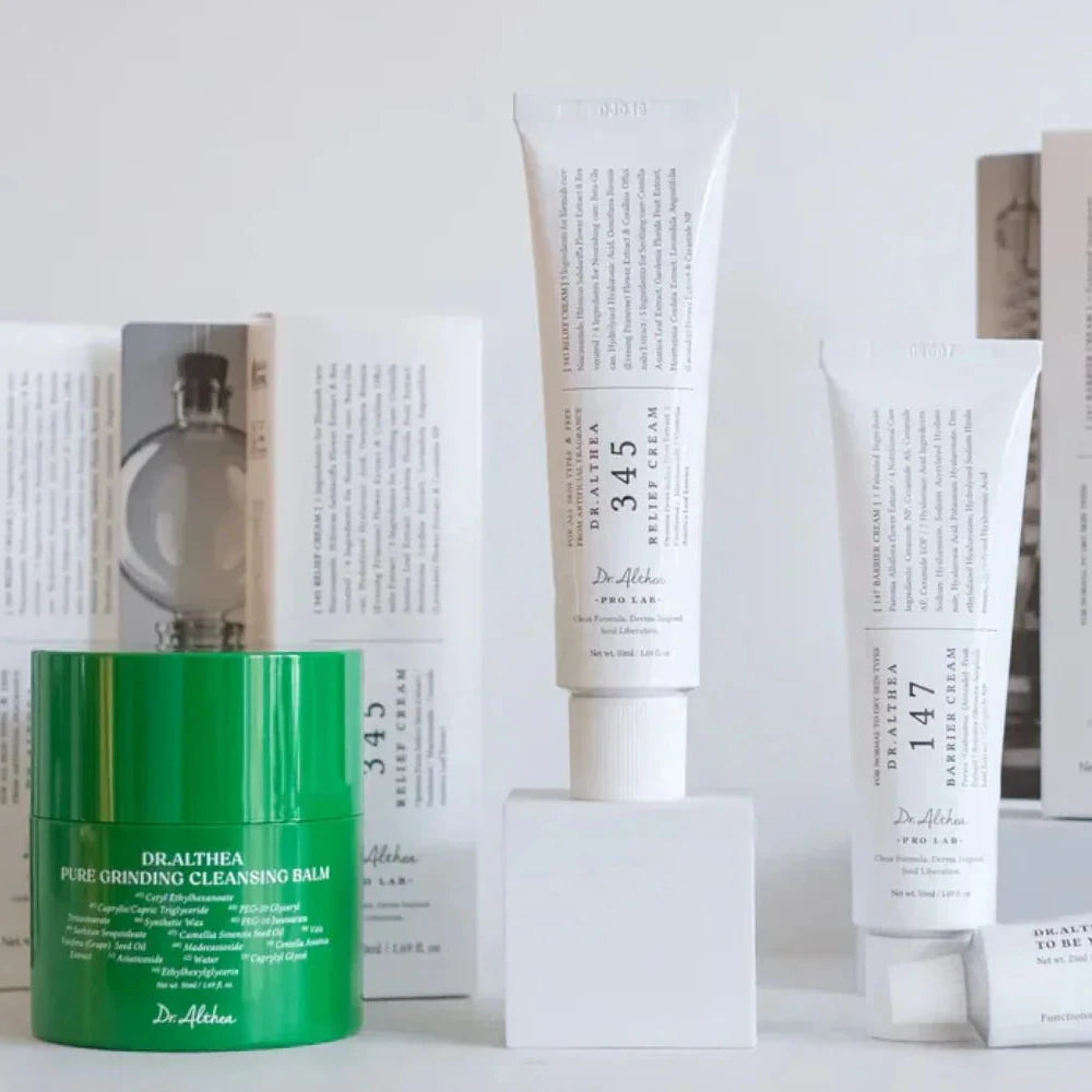 Dr. Althea Korean skincare collection featuring Pure Grinding Cleansing Balm, 345 Relief Cream, and 147 Barrier Cream for sensitive skin hydration and barrier repair in Saudi Arabia