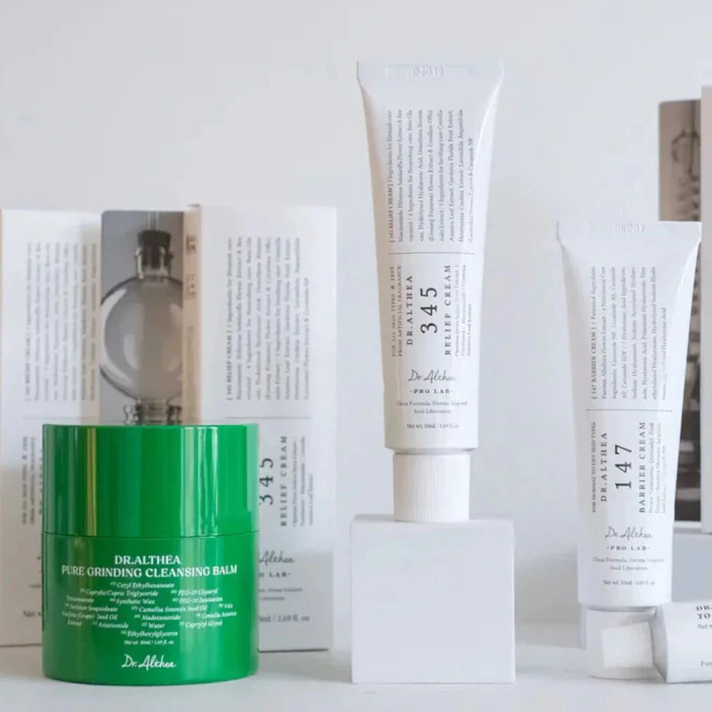 Dr. Althea Korean skincare collection with cleansing balm and moisturizers for soothing hydration and skin barrier support