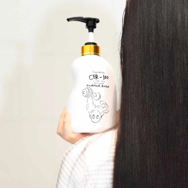 Elizavecca CER-100 hair treatment rinse applied to long hair for smooth and glossy finish