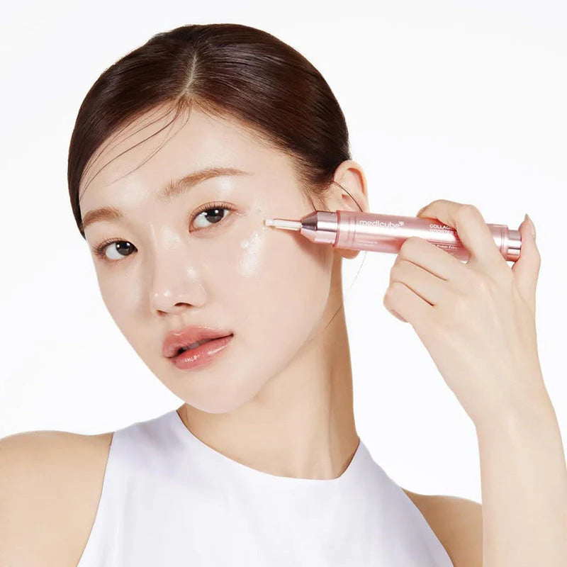 medicube Collagen Glow Booster Serum applied on face model collagen glow skincare treatment