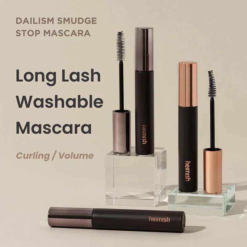 heimish Dailism Smudge Stop Mascara Curling and Volume washable mascara display with product lineup