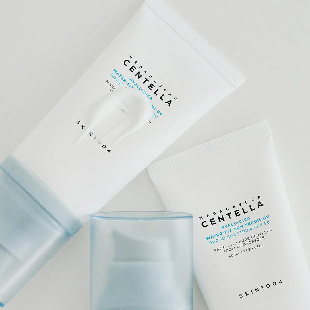 SKIN1004 Madagascar Centella Hyalu-Cica Water-Fit Sun Serum SPF50+ PA++++ multiple tubes display Korean sunscreen product lineup