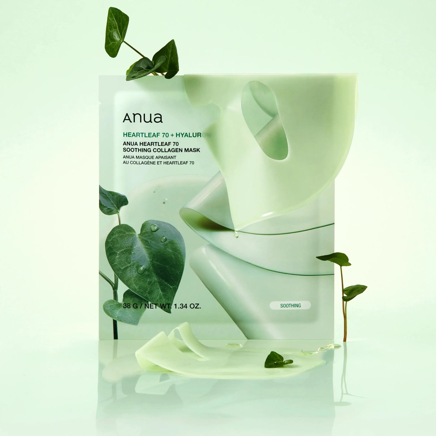 Anua Heartleaf 70 Soothing Collagen Mask packaging with heartleaf botanical styling for calming Korean skincare