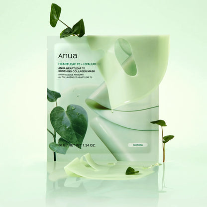 Anua Heartleaf 70 Soothing Collagen Mask packaging with heartleaf botanical styling for calming Korean skincare