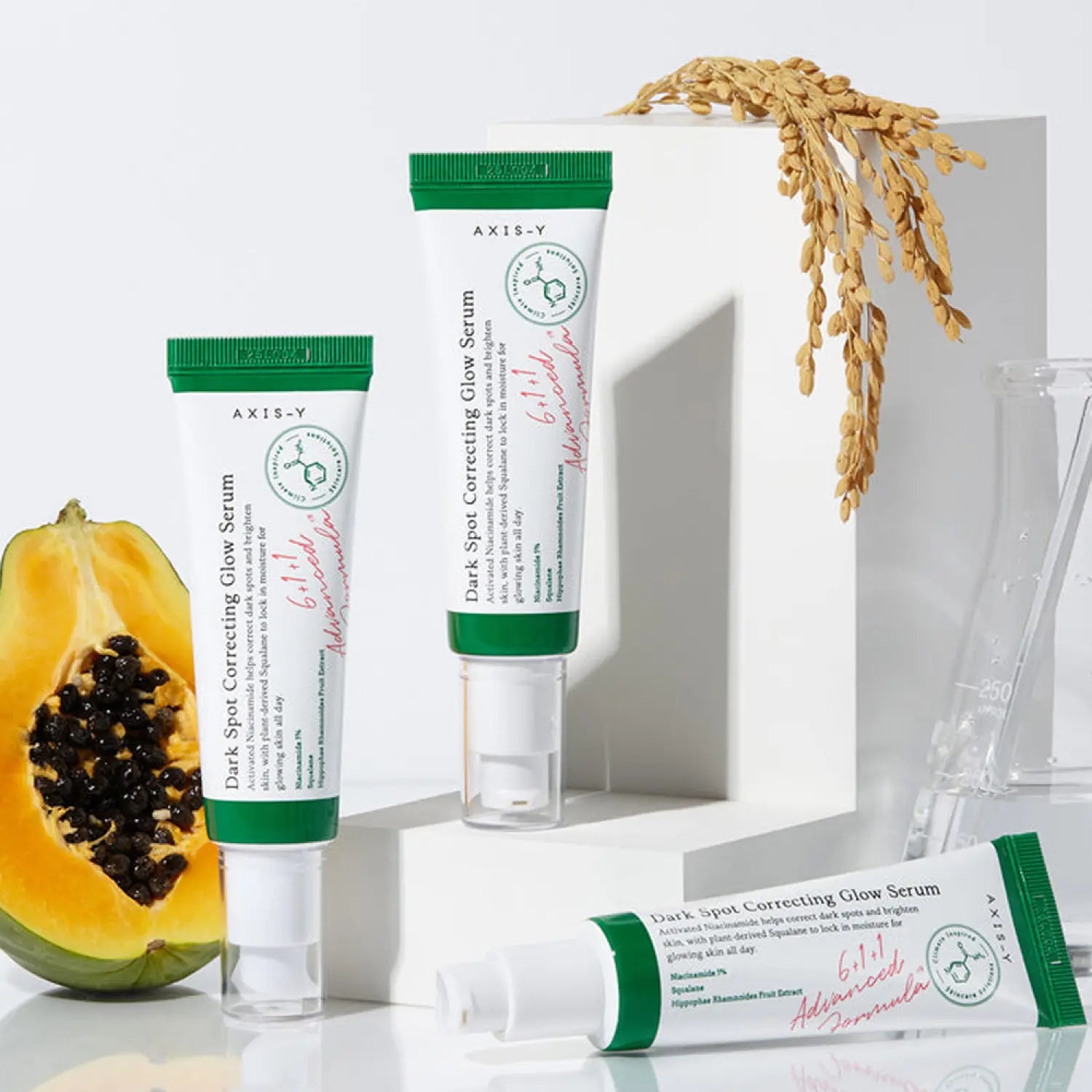 AXIS-Y Dark Spot Correcting Glow Serum with papaya and rice ingredients