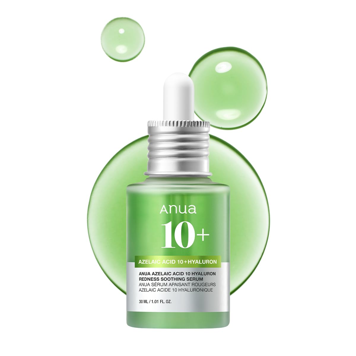 Anua Azelaic Acid 10 Hyaluron Serum with green hydration bubbles highlighting soothing Korean skincare formula