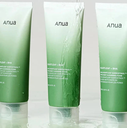 Foamy texture of Anua Heartleaf Quercetinol Cleansing Foam showing rich creamy lather for deep cleansing
