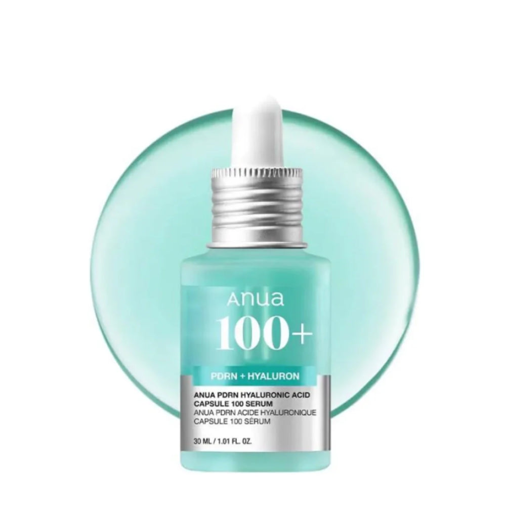 ANUA PDRN Hyaluronic Acid Capsule 100 Serum bottle with circular background emphasizing moisture effect