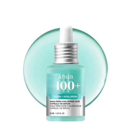 ANUA PDRN Hyaluronic Acid Capsule 100 Serum bottle with circular background emphasizing moisture effect