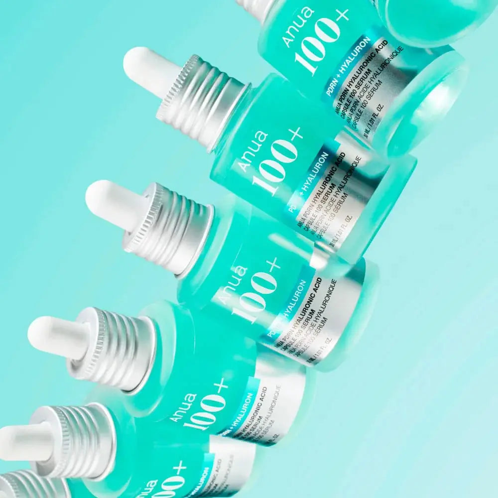 ANUA PDRN Hyaluronic Acid Capsule 100 Serum multiple bottles showcasing hydrating skincare routine