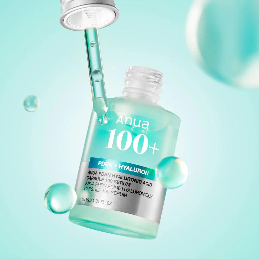 ANUA PDRN Hyaluronic Acid Capsule 100 Serum with liquid texture highlighting capsule-infused formula