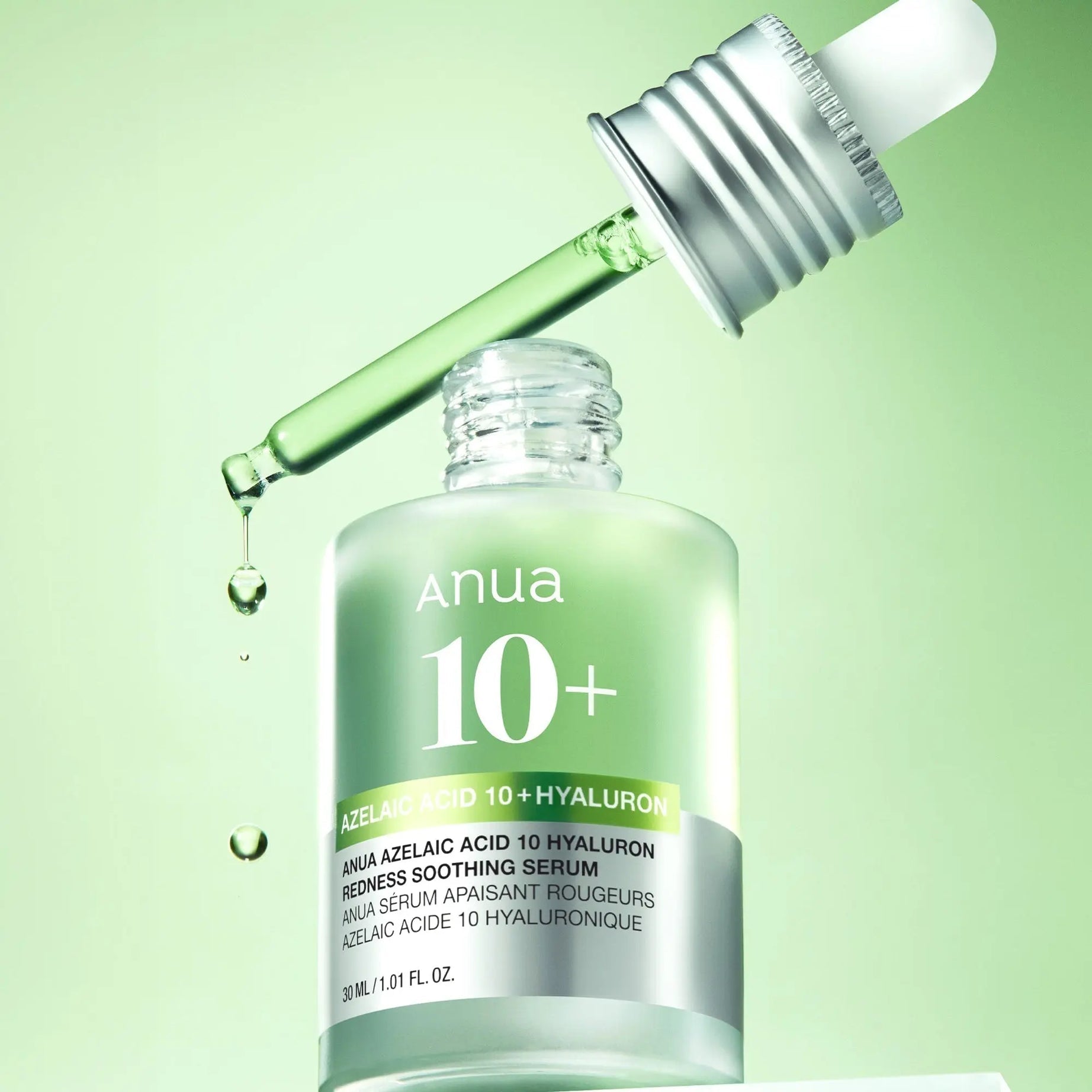 Dropper applying Anua Azelaic Acid 10 Hyaluron Serum with lightweight hydrating serum texture