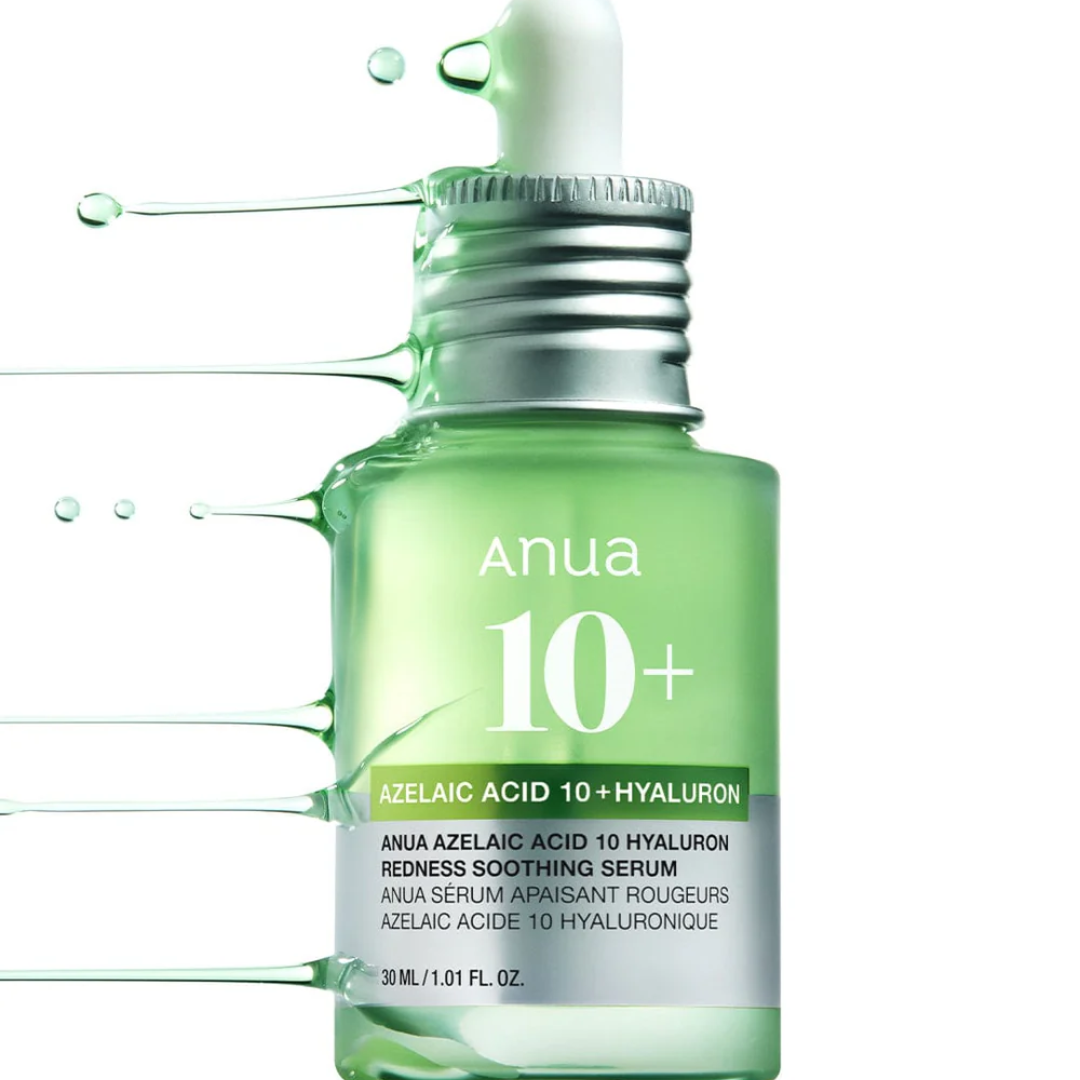 Close-up of Anua Azelaic Acid 10 Hyaluron Serum bottle with calming green skincare aesthetic