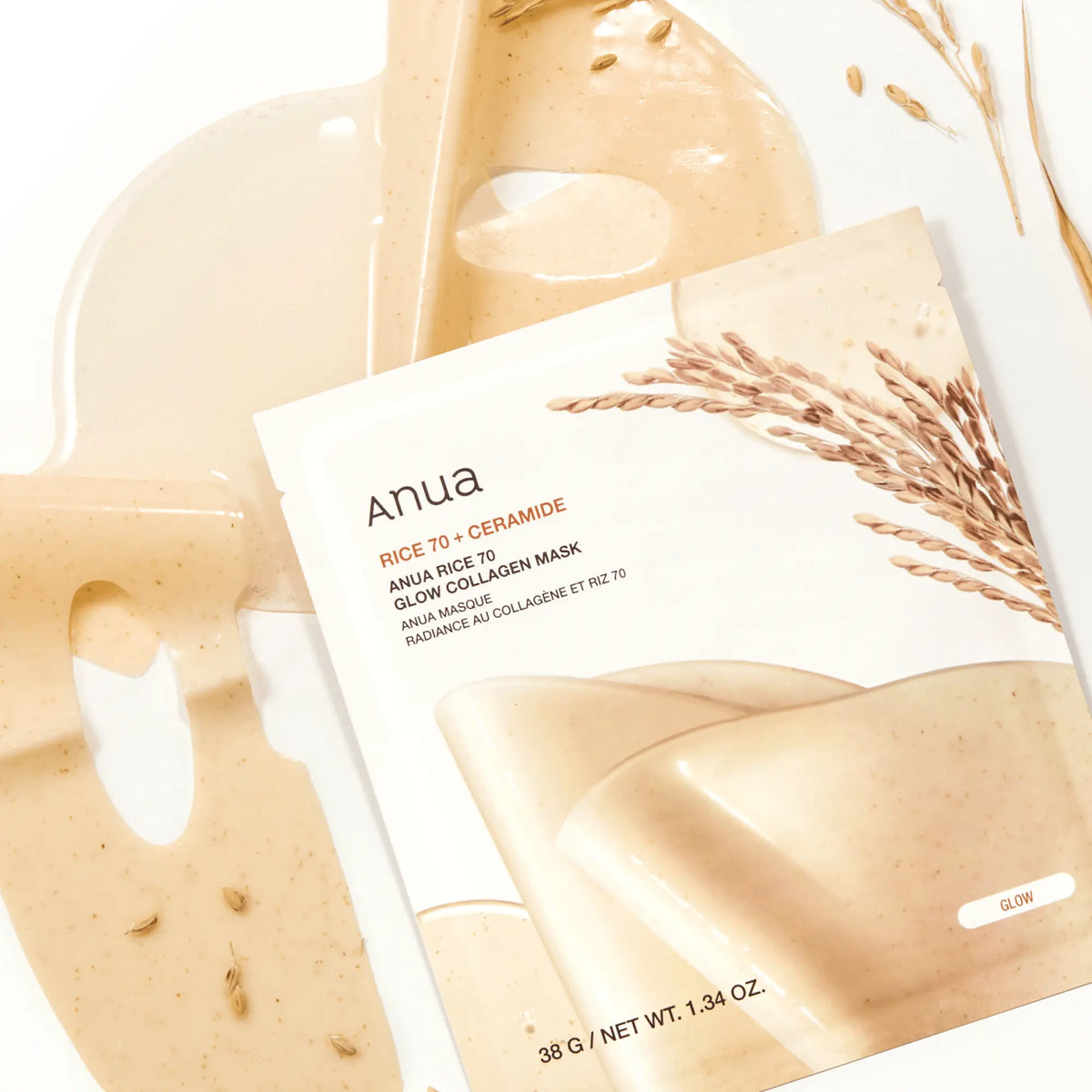 Anua Rice 70 Glow Collagen Mask sheet unfolded showing essence-soaked collagen mask