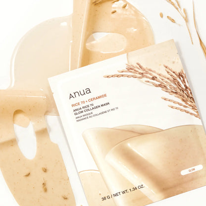Anua Rice 70 Glow Collagen Mask sheet unfolded showing essence-soaked collagen mask