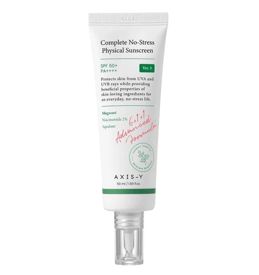 AXIS-Y Complete No-Stress Physical Sunscreen SPF50+ product tube front view