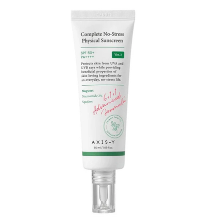 AXIS-Y Complete No-Stress Physical Sunscreen SPF50+ product tube front view
