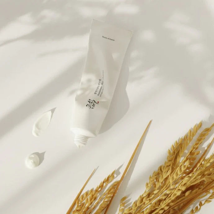 Korean SPF50+ sunscreen with rice grains and cream texture
