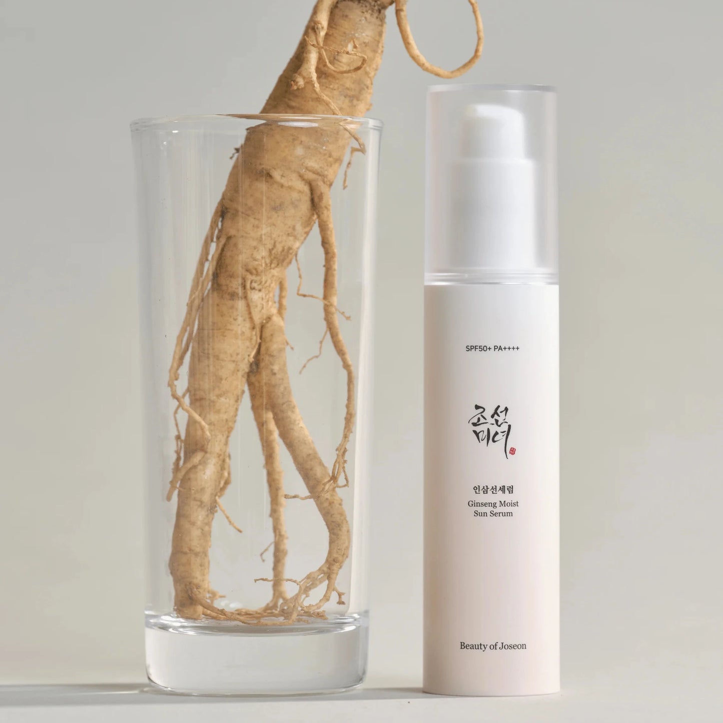 Beauty of Joseon SPF50 sunscreen serum with fresh ginseng root ingredient display