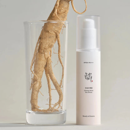 Beauty of Joseon SPF50 sunscreen serum with fresh ginseng root ingredient display