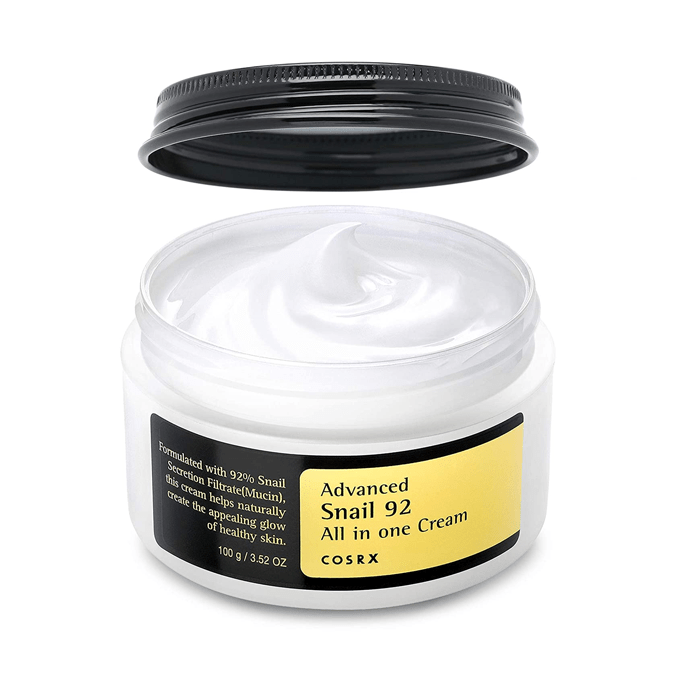 Open jar of COSRX Advanced Snail 92 Cream with nourishing snail mucin moisturizer for smooth radiant skin