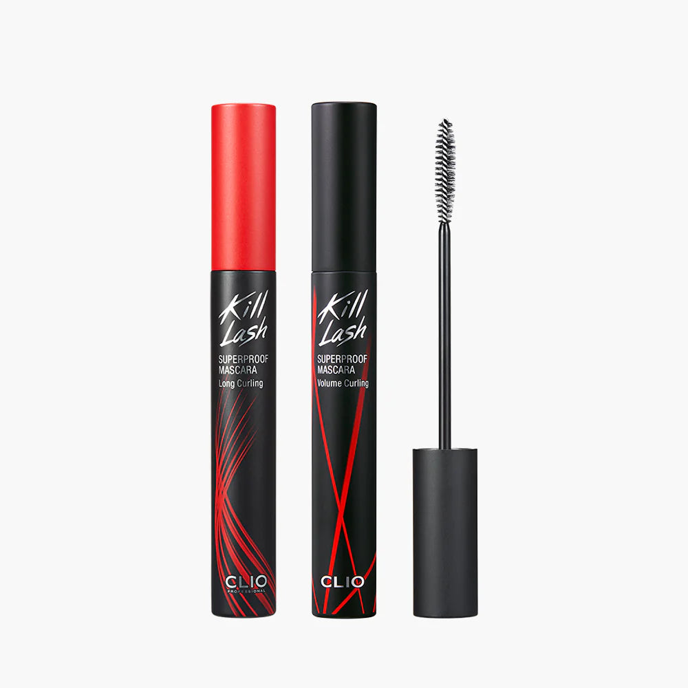 CLIO Kill Lash Superproof Mascara Long Curling product set with packaging for eye makeup routine