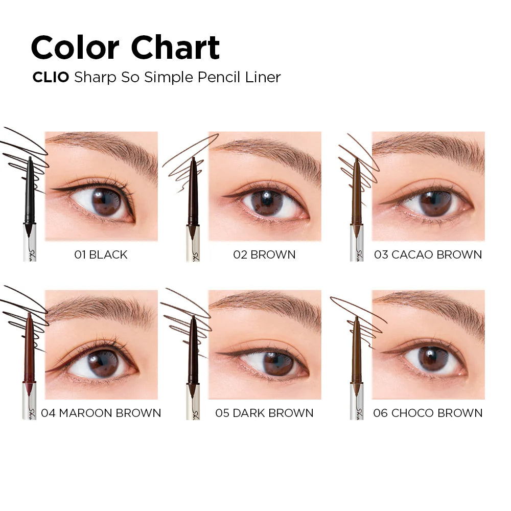 CLIO Sharp So Simple Waterproof Pencil Liner color chart with different brown and black tones