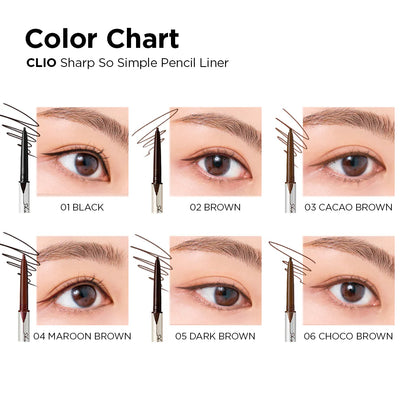 CLIO Sharp So Simple Waterproof Pencil Liner color chart with different brown and black tones