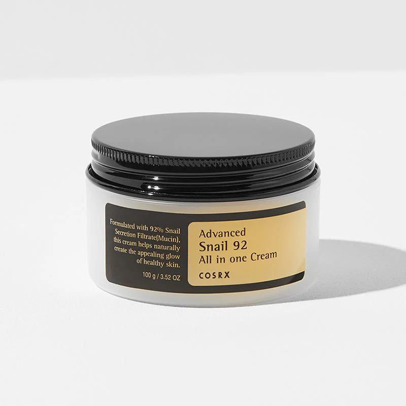 COSRX Snail 92 All In One Cream jar with minimalist Korean skincare packaging for damaged and dehydrated skin