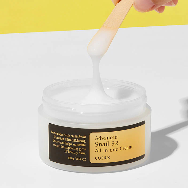 COSRX Snail 92 All In One Cream texture showing lightweight gel cream formula for glass skin and deep hydration