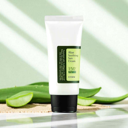 COSRX Aloe Soothing Sun Cream SPF50+ PA+++ with fresh aloe vera background and lightweight moisturizing sunscreen texture