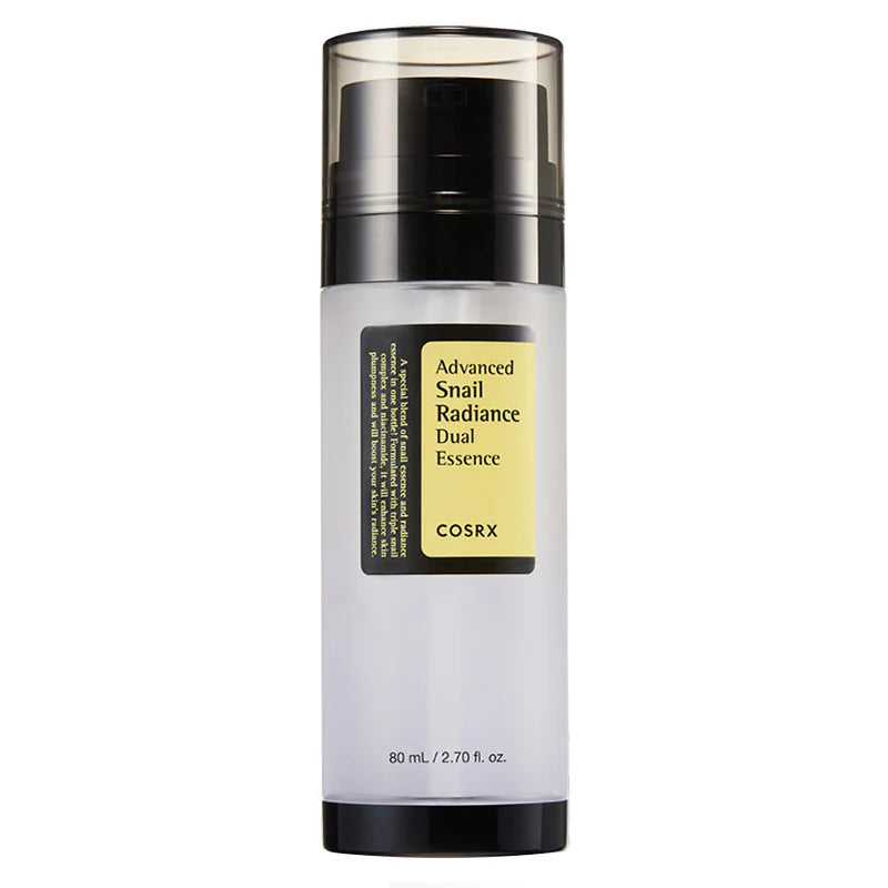 COSRX Advanced Snail Radiance Dual Essence bottle with dual-chamber pump packaging on white background for hydration and brightening skincare