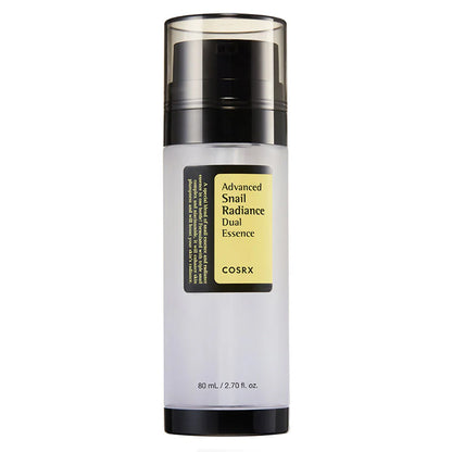 COSRX Advanced Snail Radiance Dual Essence bottle with dual-chamber pump packaging on white background for hydration and brightening skincare