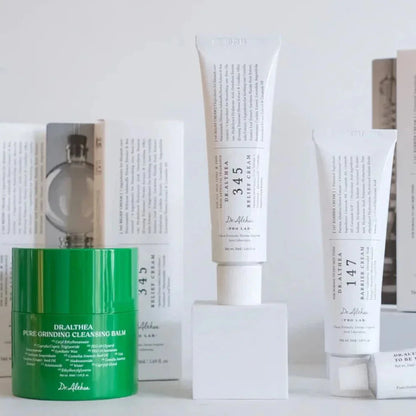 Dr. Althea Korean skincare collection featuring Pure Grinding Cleansing Balm, 345 Relief Cream, and 147 Barrier Cream for sensitive skin hydration and barrier repair in Saudi Arabia