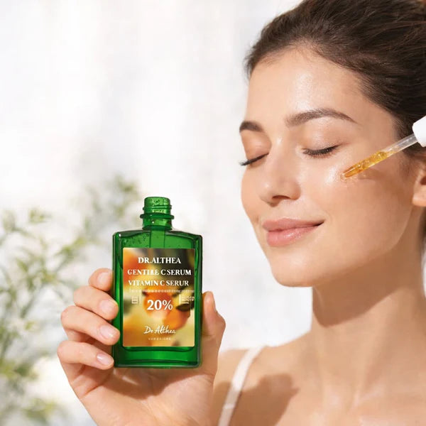 Woman applying Korean vitamin C serum for brighter smoother and more even toned skin