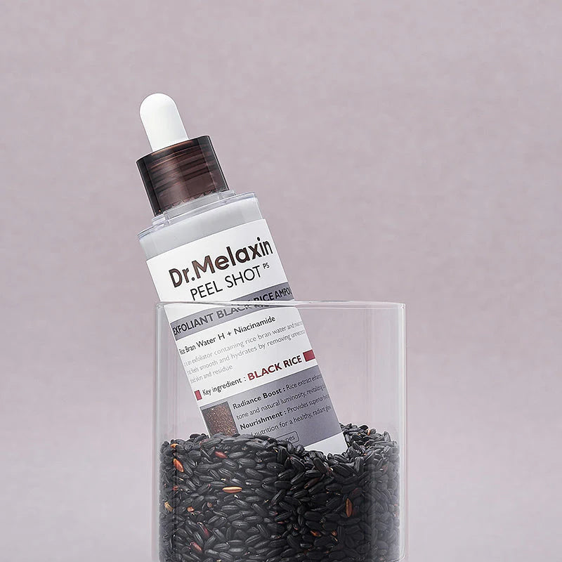 Dr. Melaxin Peel Shot ampoule displayed with black rice for texture refinement and glow
