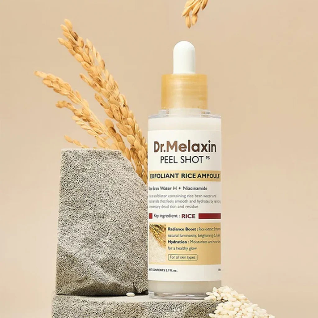 Dr. Melaxin White Rice ampoule with natural elements for gentle exfoliation and skin renewal