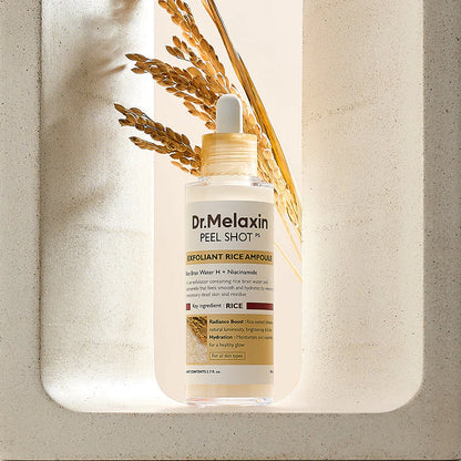 Dr. Melaxin Peel Shot White Rice ampoule in minimal setting highlighting lightweight formula