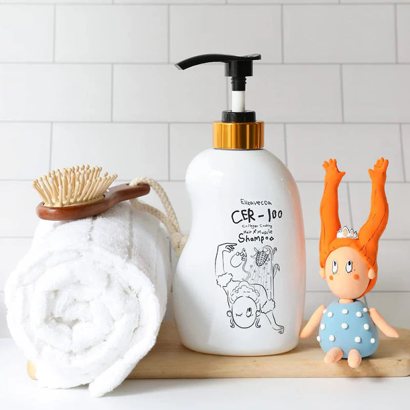 Elizavecca CER-100 shampoo bottle with bathroom essentials for smooth and healthy hair