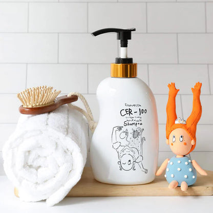 Elizavecca CER-100 shampoo bottle with bathroom essentials for smooth and healthy hair