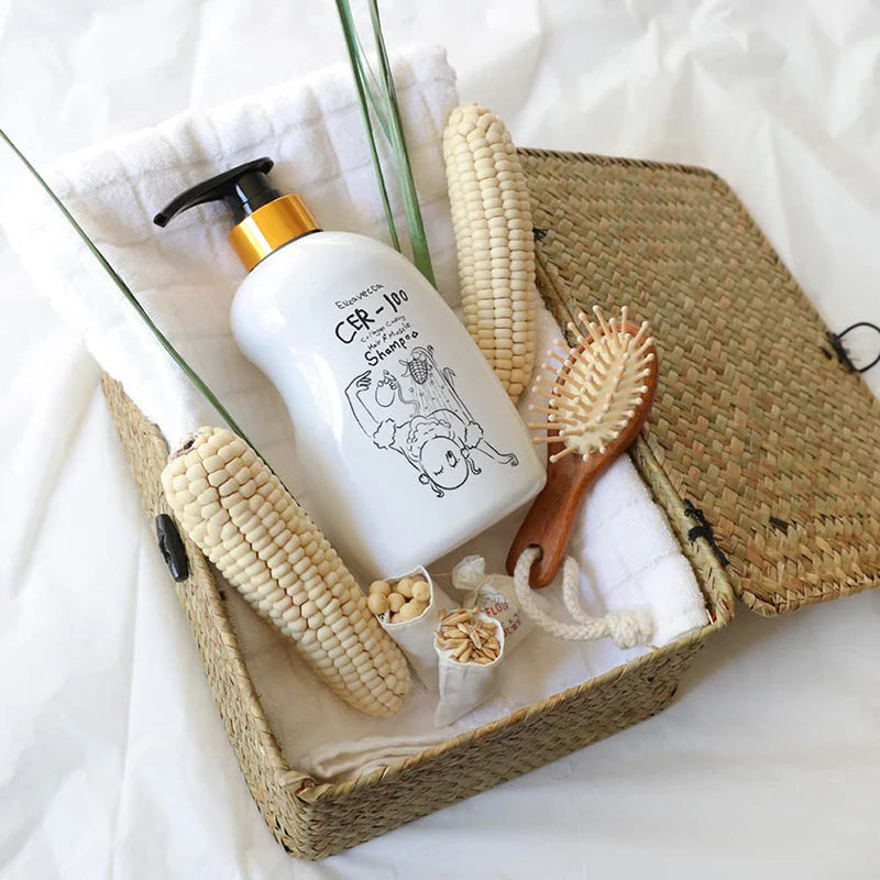 Elizavecca CER-100 shampoo in bathroom setting for daily hair care and hydration