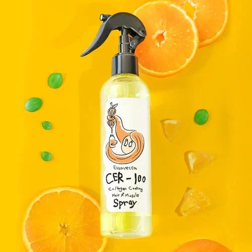 Elizavecca CER-100 hair spray with citrus elements highlighting fresh and lightweight formula