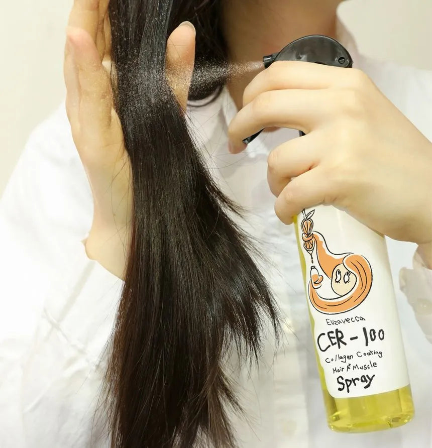 Elizavecca CER-100 hair spray applied to long hair for frizz control and shine