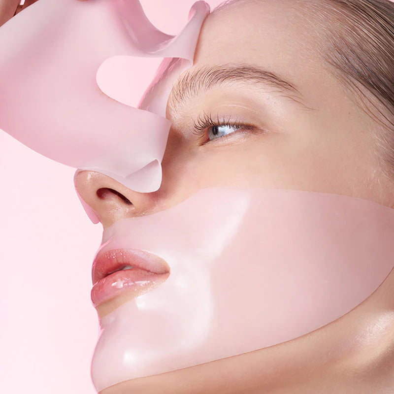 Model wearing collagen hydrogel mask for pore tightening and skin smoothing
