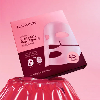 Eqqualberry Collagen Pore-Tight hydrogel mask box on glossy surface highlighting firming effect
