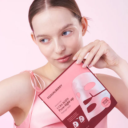 Eqqualberry hydrogel mask set held by model highlighting pore care and glow