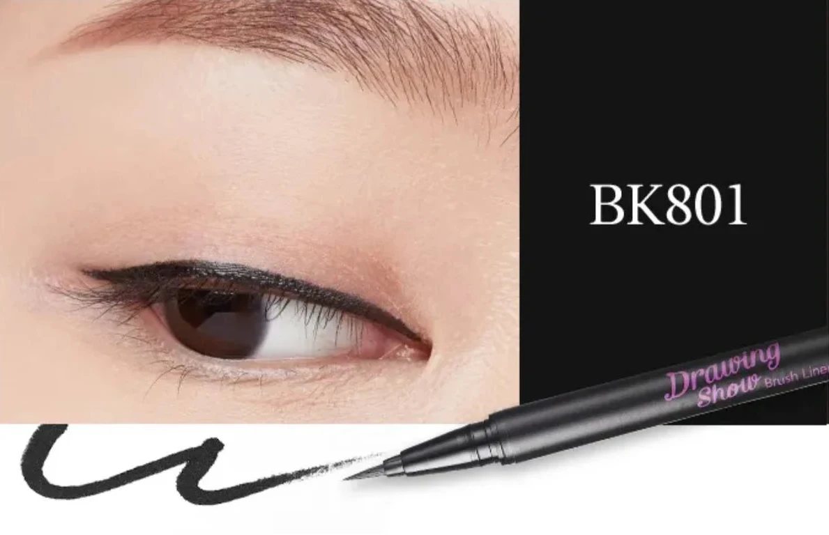 Etude eyeliner applied on eye for clean winged liner look
