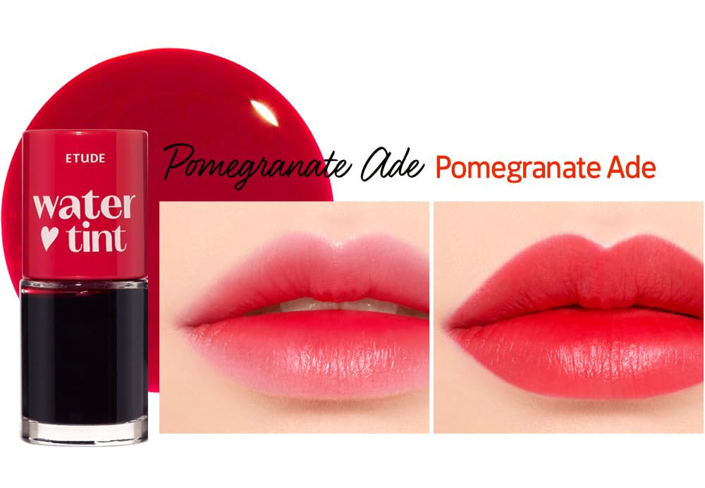 Etude lip tint shade Pomegranate Ade close-up for vibrant red lips