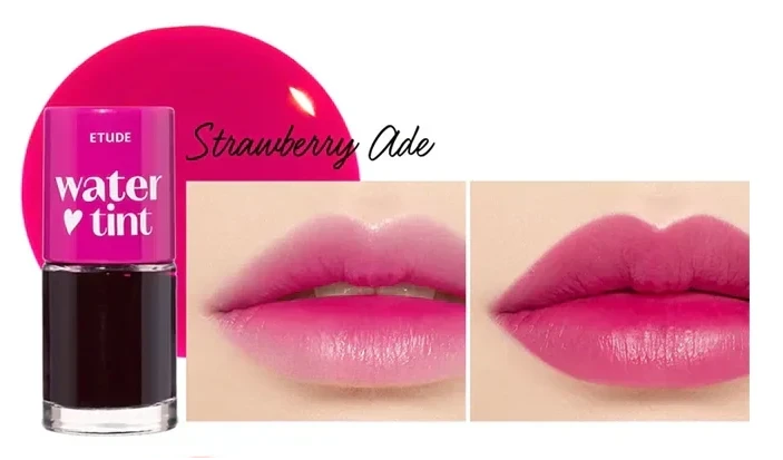 Etude lip tint shade Strawberry Ade close-up on lips