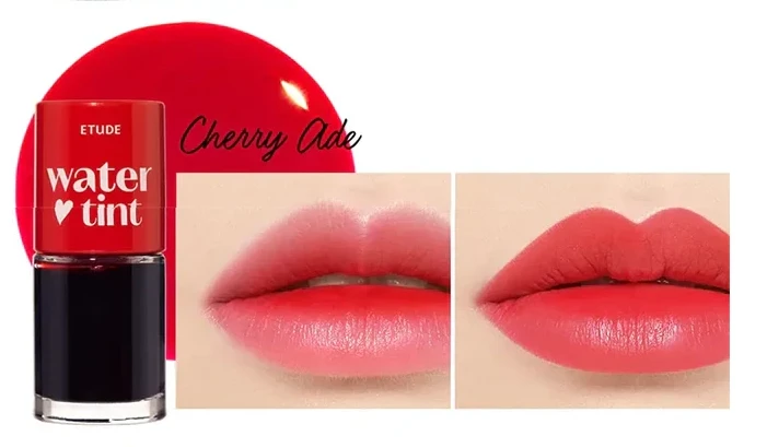 Etude water tint shade Cherry Ade close-up for fresh lip color